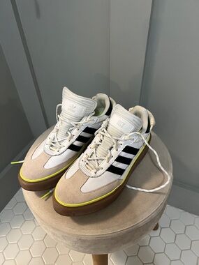 adidas White, Black & Beige Low-Top Sneakers with Neon Yellow Accent